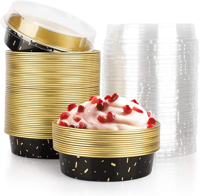 Beasea Mini Aluminum Pie Pans, 50 Pack with Lids, 8 Oz Black Gold Cartoon Tart Pans for Pie, Tart, Quiche