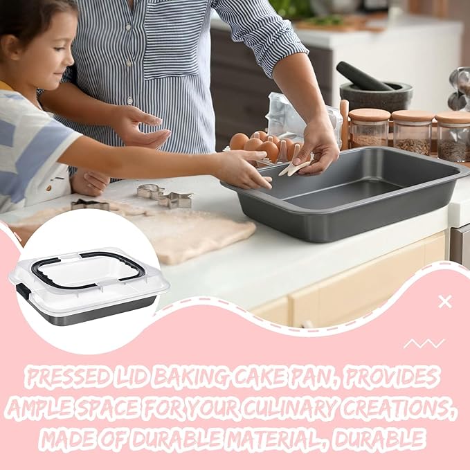2 Pcs Cake Baking Pan with Lid and Handle, 9 x 13 Inch Non-stick Rectangle Sheet Cake Pan Carrier for Brownie Roasting Cooking Baking (Black Gray)