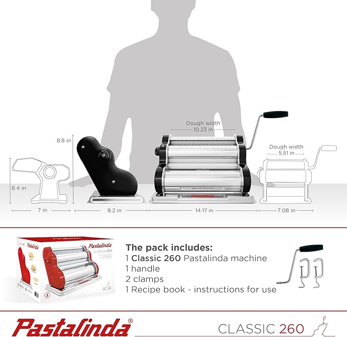 PASTALINDA Classic 260 Pasta Maker Machine, 26 cm Wide Rollers, 9 Thickness Positions, 2 Cutting Positions, Stainless Steel. Includes Reinforced Hand Crank And Two Clamps (Black)