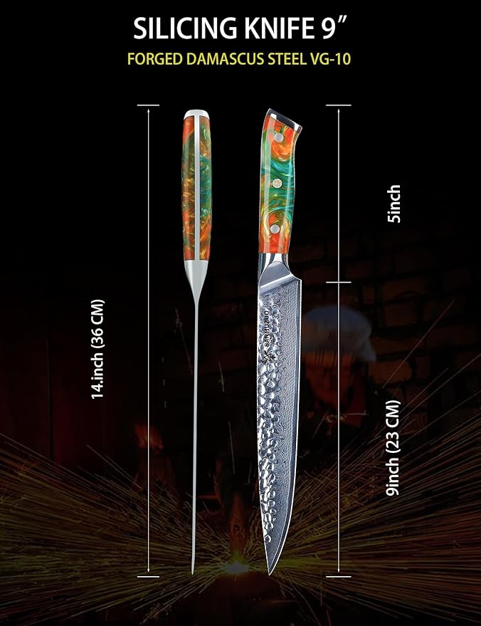 9 Inch Carving Knife, Slicing Knife - Hammered Damascus Steel & Resin Handle - Yao Series