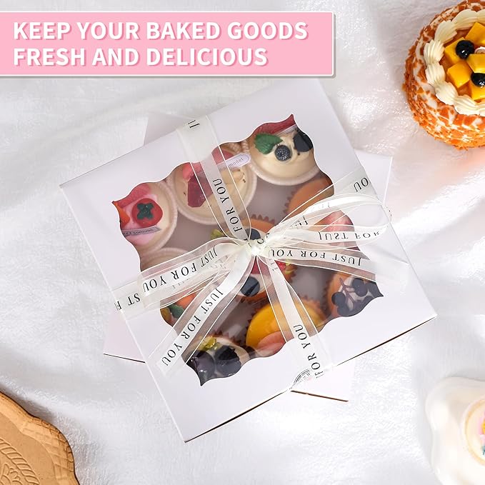 28 Pack cake boxes 9x9x5Inch Cake Boxes Bakery Boxes with Window for postres, Cookies, Donuts, Chocolate Covered Strawberries. (White, 995inch/28pcs)