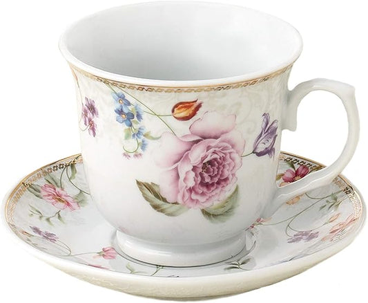 World Gifts Elegant Durable and Colorful Porcelain Tea Cup and Saucer Set with Metal Stand - Purple Flower, 8 oz. Set of 4