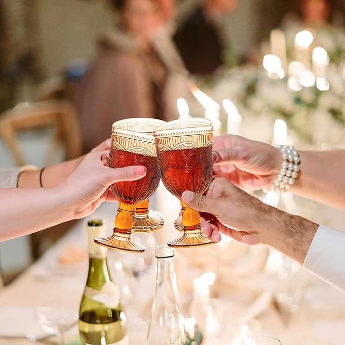48 Pack Vintage Wine Glasses, Plastic Reusable 12 Ounce Colored Water Goblets, Unique Flower Embossed Pattern Unbreakable Stemmed Wine Glasses High Clear Wedding Party Bar Drinking Cups Amber