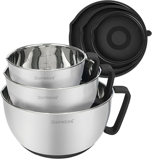 Rorence Stainless Steel Non-Slip Mixing Bowls With Pour Spout, Handle and Lid, Set of 3, Black