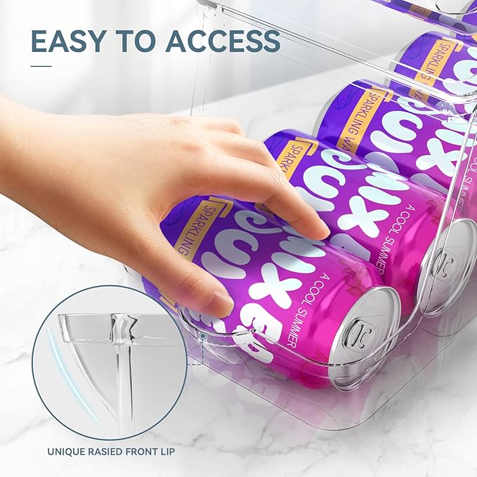 Soda Can Dispenser for Refrigerator with Lids, Stackable Drink Organizer for Fridge, Clear Plastic Refrigerator Organizer Bins, Beverage Can Holders for Pantry, Freezer, Kitchen, Cabinets Set of 2