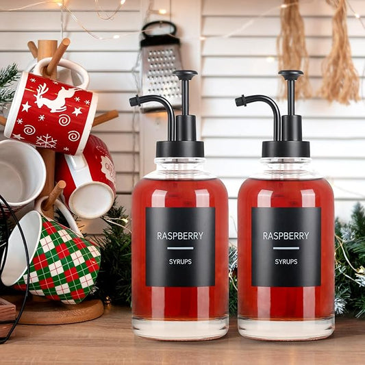 4PCS Coffee Syrup Dispenser, Glass Syrup Dispenser for Coffee Bar w. Labels and Pump, 16.9 oz 500ml Syrup Pump Dispenser, Coffee Bar Accessories Simple Syrup Bottle w. Pump, Ideal Gift