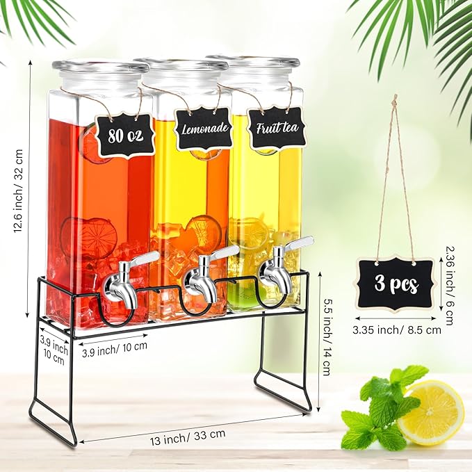 3 Pack 80 oz Tall Glass Drink Dispenser with Stand, Lid, Label and Stainless Steel Leakproof Spigot Beverage Water Dispenser Clear Mason Jar for Party Fridge(Square)