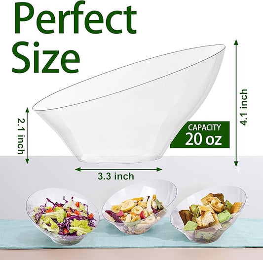 bUCLA 12 Pack Clear Plastic Serving Bowls - 20 OZ Angled Serving Bowls Disposable for Chip,Candy,Salad & Fruit - Ideal for Party & Wedding