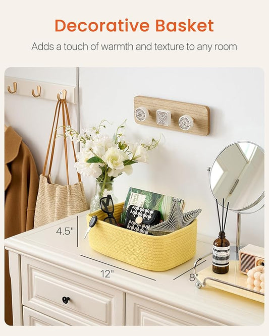Small Woven Basket, 12 x 8 x 4.5 Inches, Storage Basket for Organizing, Cute Small Rope Shelf Closet Cube Storage Bins Baskets for Shelves, Dog Toy Gift Baskets Empty, 3 Pack Yellow