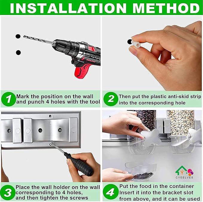 Triple Food Dispenser Wall Mounted Cereal Dispenser, Grains Dispenser Wall Mounted Dry Food Dispenser with 3 Cup, Candy Dispenser Snack Container for Kitchen Store Nut Coffee Beans 4.5L