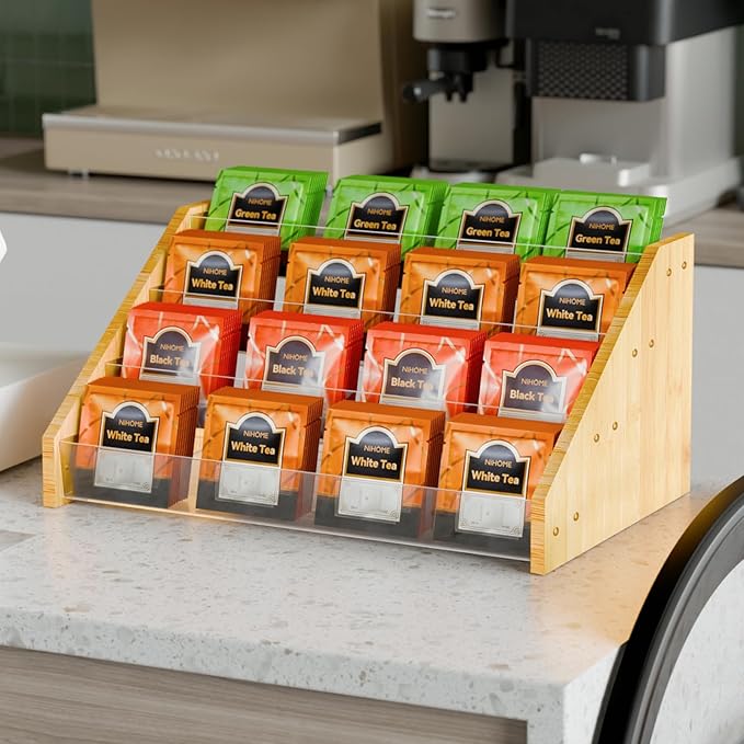 NiHome 4 Layer Tea Bag Organizer, Bamboo & Plastic Tea Storage Holder Organizer, 4-Tier Design Offering Quick and Easy Access, Clear Dividers & Large Capacity, Easy to Assembly