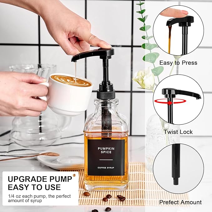 Coffee Syrup Dispenser for Coffee Bar, Glass Syrup Dispenser with Pump, Coffee Syrup Pump Dispenser Bottle with Tray, Spoon for Coffee Station, Coffee Bar Organizer, Black,16.9 oz, 500 ml