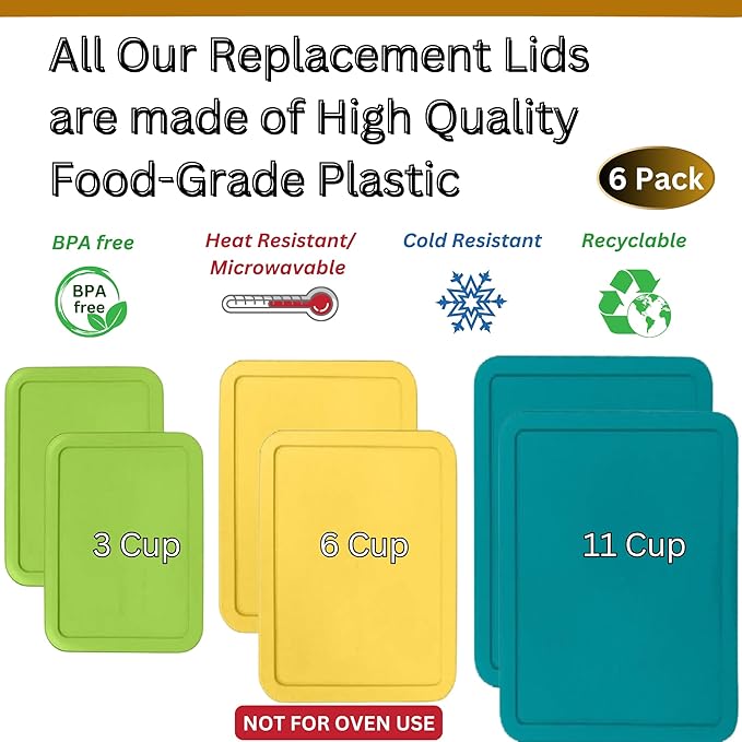 3, 6 & 11 Cup Spring Green, Yellow, Turquoise Replacement Lids/Covers for Pyrex, Anchor Hocking & KlareWare Storage Bowls *Lids Only Glass Container Not Included* (6 Pack *Two of Each Size*)