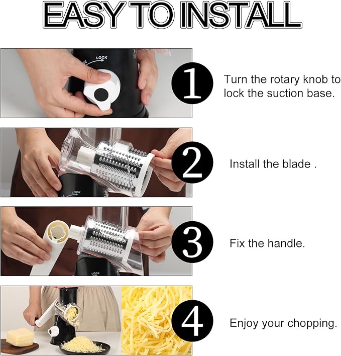 Ourokhome Rotary Cheese Grater Hand Crank, Kitchen Shredder Speed Mandolin Slicer Nuts Grinder with Handle and Drum Blades for Cheese, Vegetable, Walnut, Chocolate, Potato, Carrot, 3 Blades, Black