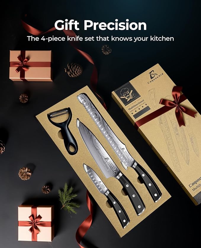Essential 4-Piece Kitchen Knife Set,Sharp German Steel Knives Sets(Chef's Knife, Paring Knife, Bread Knife + Peeler) for Home Cooking BBQ,Gift Box included