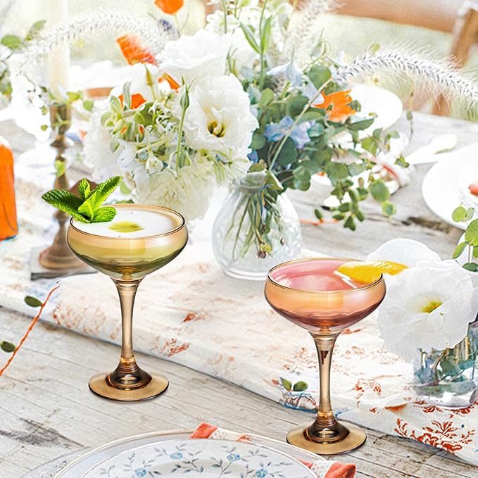 6 Pieces Crystal Martini Glasses Champagne Flute,Coupe Bowl Stemmed Cocktail Glasses,Set Of 6 Elegant Amber Goblets Colored Drinking Cups Champagne Wine Glasses for Parties Cocktail Margarita,Juice