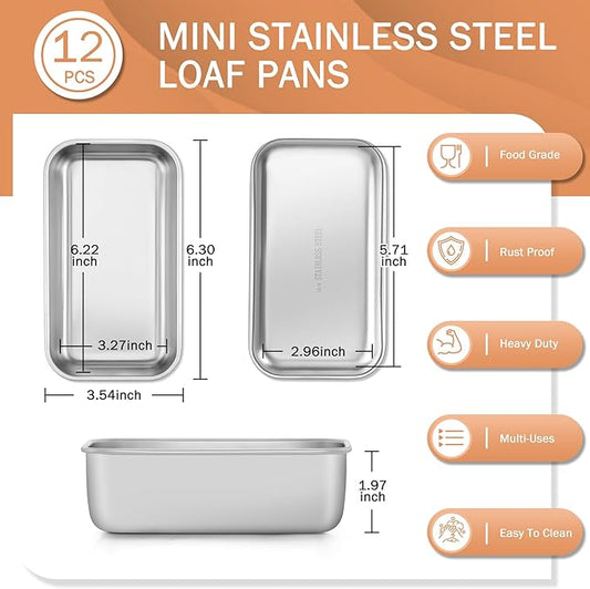 TeamFar Mini Loaf Pan, 12 PCS Stainless Steel Loaf Pans for Baking Bread, 6.3 x 3.5 Inch Bread Baking Pan for Homemade Bread, Meatloaf, Cake and Brownies, Non-Toxic, Oven & Dishwasher Safe