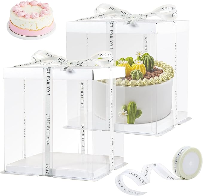 8 Packs Tall Cake Boxes with Ribbon ,10x10x9 inches Bakery Boxes ,White Multi-Layer Cake Containers for Birthday,Wedding,Halloween(White, 10*10*9inch/8pcs)