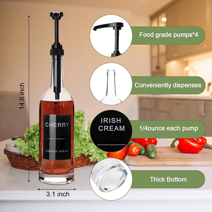 25.4 oz 750 ml Glass Coffee Syrup Dispenser for Coffee Bar With Pump & Lables Glass Syrup Bottle Included -4 Pack