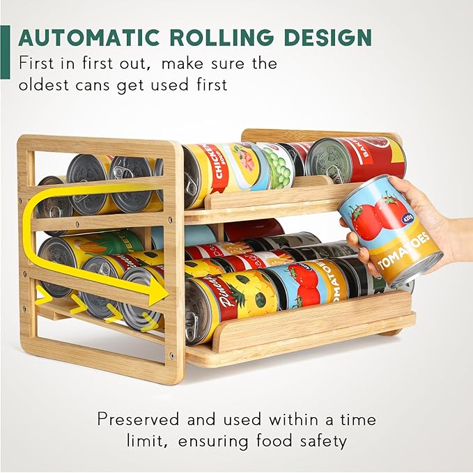 Rolling Bamboo Can Organizer Rack, Stackable Double-Layer Can Organizers and Storage For Pantry, Canned Goods Holder Dispenser For Countertop Kitchen Cabinet or Pantry Shelf