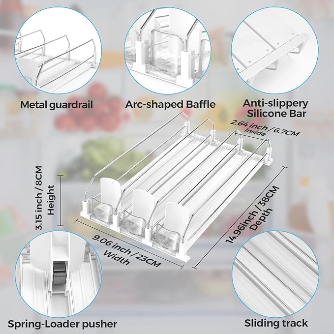 Automatic Soda Can Organizer Refrigerator Can Dispenser for Beer Soda Seltzer already Assembled Drink Pop Can Holder Self-Pushing Drink Organizer for Fridge Storage 15 cans of 11.15oz 12oz 16oz 16.9oz