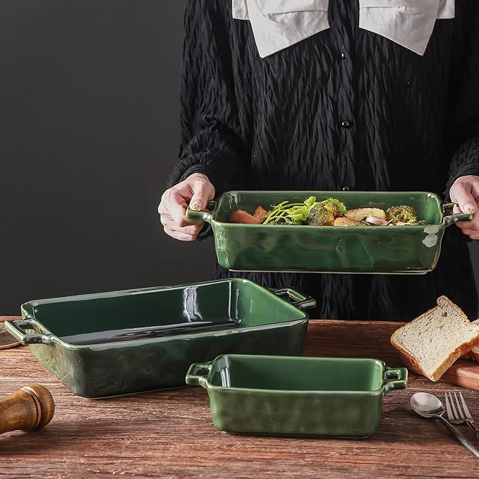 VICRAYS Ceramic Bakeware Set, Porcelain Rectangular Baking Dish, Baking Pan Lasagna Pans Casserole Dish Set for Cooking, Kitchen, Cake Dinner, Banquet and Daily Use, 3 PCS, 15 x 8.5 Inches(Green)