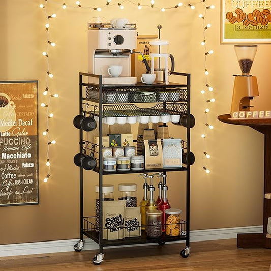 Coffee Bar Station with Storage Drawer - 5 Tier Coffee Table Countertop Organizer for K Cups, Tea Bags, Sugar Storage and Kitchen Cabinets (Black)