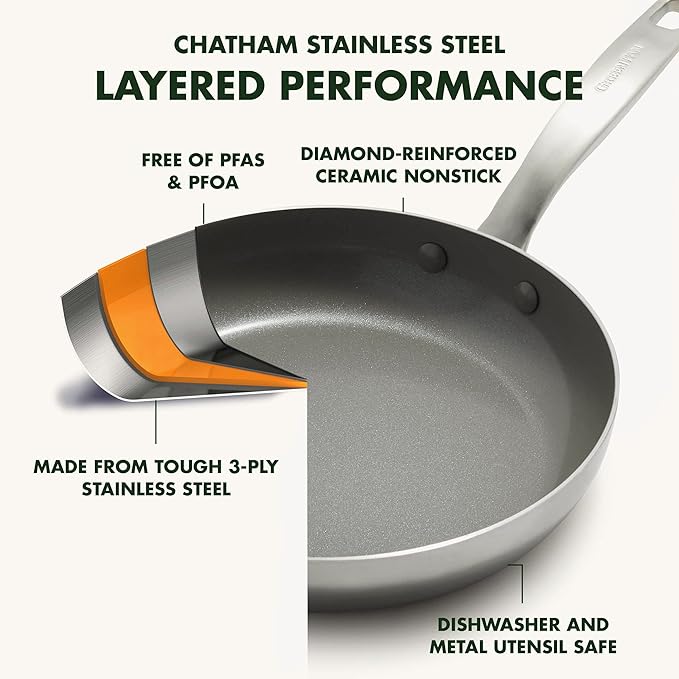 GreenPan Chatham Tri-Ply Stainless Steel 12 Piece Cookware Pots and Pans Set, PFOA and PFAS-Free, Multi Clad, Induction, Fry Saute Sauce Pans, Stock Pot, Dishwasher Safe, Oven & Broiler Safe, Silver