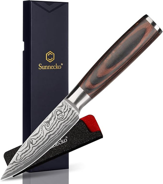 Sunnecko Small Kitchen Knife 3.5 Inch Paring Knife High Carbon Stainless Steel Fruit Knife with Wood Handle, Sharp Knife for Cutting Tomatoes with Gift Box