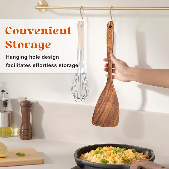 Wooden Spatula for Cooking, Acacia Wood Flat Frying Spatulas, Long Handle Spatula Turner for Non Stick Pans, Non-Scratch, Wooden Kitchen Utensils for Cooking, Frying, Baking