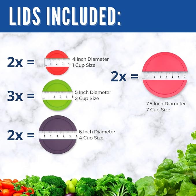 Replacement Lids for Pyrex Glass Food Storage Containers Round (2) 7202-PC 1 Cup Red (3) 7200-PC 2 Cup Green (2) 7201-PC 4 Cup Purple (2) 7402-PC 6/7 Cup Fuchsia