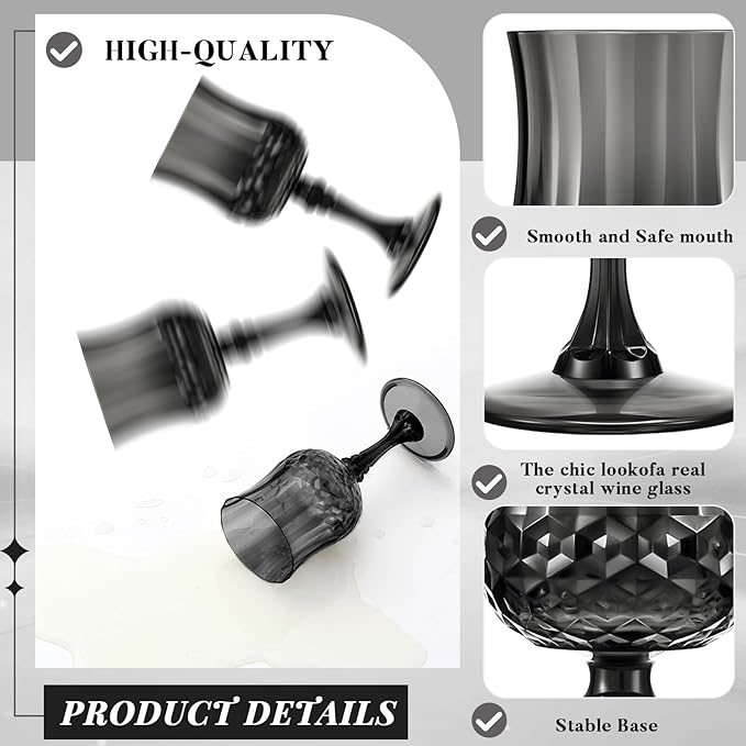 Pinkunn 6 Pcs 7 OZ Plastic Vintage Wine Glasses Reusable Colored Goblets Patterned Drinking Water Glasses Cup Dishwasher Safe for Halloween Wedding Reception Party Supplies (Black)