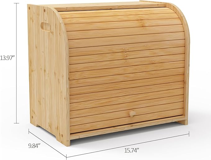 Bamboo Bread Box for Kitchen Countertop, Roll-top Breadbox Breads Storage Boxe with Adjustable Middle Shelf