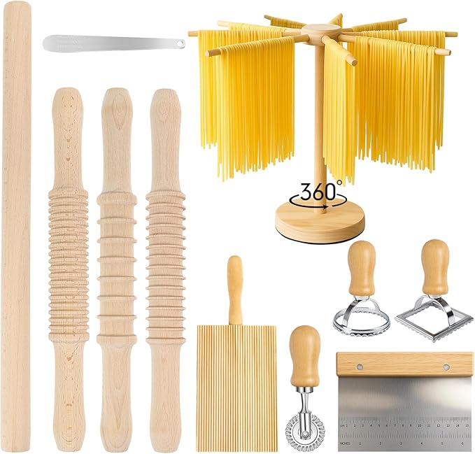 3 Size Pasta Making Tools, 11Pcs Wooden Pasta Making Kit with 3 Size Threaded Rolling Pins, Long Rolling Pin, Rotatable Pasta Drying Rack, Gnocchi Board, Dough Cutter, Wheel Cutter, 2 Stamps