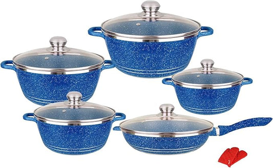 10-Piece Nonstick Cookware Set - Granite & Marble Coated Pots and Pans with Glass Lids, Aluminum Kitchenware, Frying Pan, Saucepans, Stock Pot - Blue Variety Pack