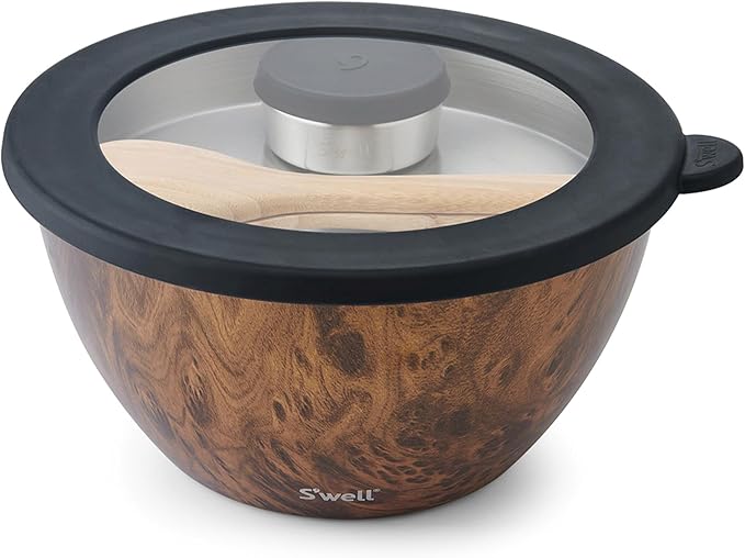 S'well Stainless Steel Salad Bowl Kit XL 184oz, Teakwood, Includes 5oz Canister For Dressing, Serving Utensils, and Removable Tray, Leakproof, Easy to Clean, Dishwasher and Refrigerator Safe
