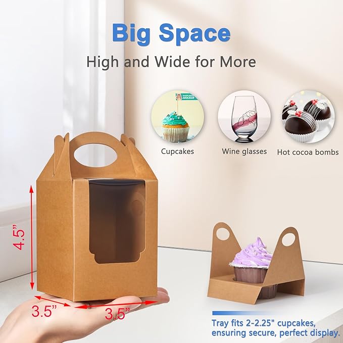 Cupcake Boxes 12 pcs, Individual Cupcake Containers Brown with Window Insert and Handle, Pastry Box Single Muffins Holder Disposable for Bakery Wrapping Party Favor Packaging