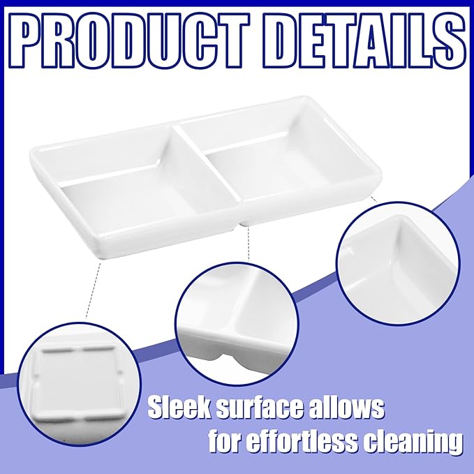 16 Pcs Dual Dipping Sauce Bowls with Two Compartments Melamine Soy Sauce Dish Divided Fondue Plates Party Trays for Kitchen Sushi Restaurant (White)
