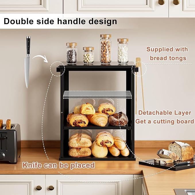 WOWLIVE Black Bread Box for Kitchen Countertop, Large 3 Layers Bread Storage Container for Homemade Bread with Window, Farmhouse Breadbox Organizer for Kitchen, Cabinet, Pantry (Black, Meduim)