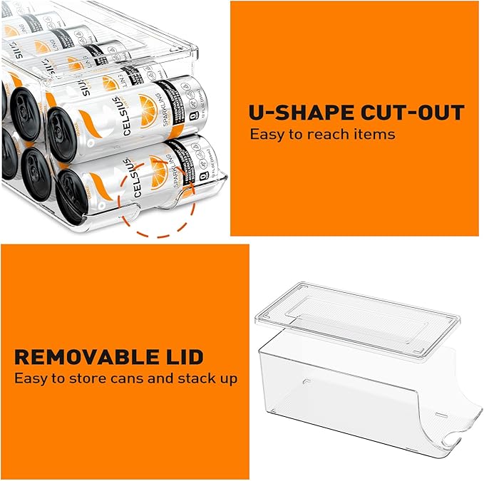 Skinny Can Organizer for Refrigerator, Stackable Tall Skinny Soda Pop Can Holder Dispenser with Lid for Fridge Pantry Rack Freezer, Clear Plastic Storage Bins-Holds 12 Slim Cans (See-through)