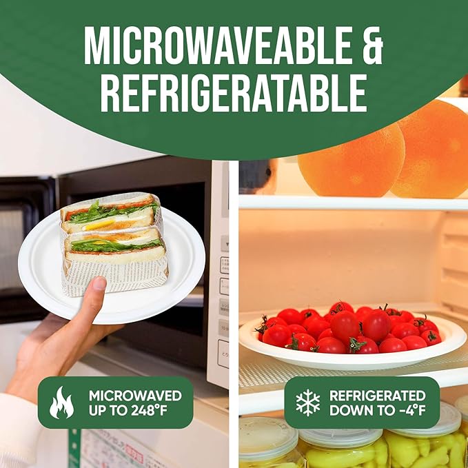 9 Inch Paper Plates 100 Pack - 100% Compostable Dinnerware | Leak & Grease Resistant Disposable Plates for Parties, Microwavable, Bulk Eco-Friendly - White