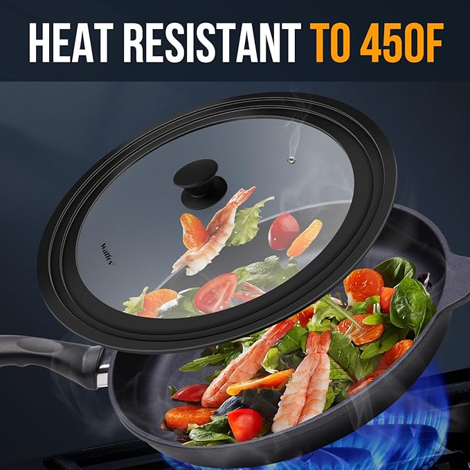 Walfos 2 Pcs Universal Pot Lids, Frying Pan Lid with Heat Resistant Silicone Rim, Fits All 10", 11", 12" to 13", 14", 15" Diameter Cookware, Pots, Pans and Skillets, BPA Free and Dishwasher Safe