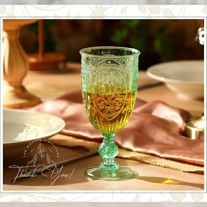 18 Pack Plastic Goblets 10oz Upgrade Vintage Water Goblet Plastic Wine Glasses Colored Retro Embossed Glassware for Party Wine Bar Juice Baby Shower Wedding Reception Grand (Green)