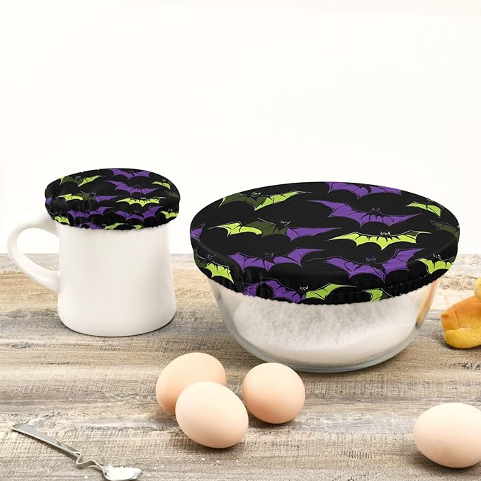 5 Pcs Bowl Covers Reusable in 5 Size Elastic Food Cover Cloth Lids Fresh Keeping Dish Cookware Bakeware Fabric Covers Lids for Food Leftovers Fruits Storage Halloween Bats