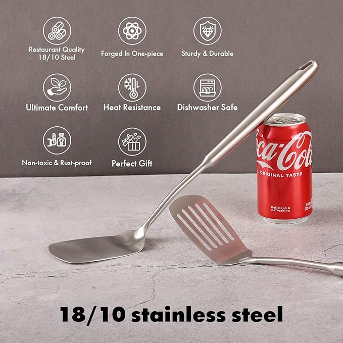18/10 Stainless Steel Spatulas Set - All Metal Spatulas for Kitchen Use or Outdoor Grilling, 14.7″ Long, Non Toxic, Heavy Duty, Commercial, Chef Grade - 1 Slotted Spatula + 1 Solid Turner for Cooking