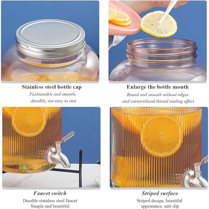 Berglander Glass Drink Dispenser for Fridge, 1 Gallon Beverage Dispenser with Leakproof Stainless Steel Spigot, Water, Laundry Detergent, Juice Dispenser for BBQ, Picnic, Parties and Events (Pink)