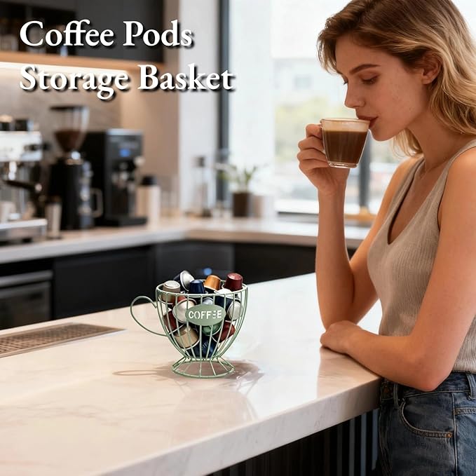 Metal Coffee Pod Holder Wire Coffee Pods Storage Basket Espresso Capsule Storage for Home Kitchen Cafe Hotel (09 Green cup)