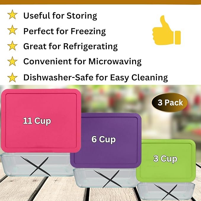 3, 6 & 11 Cup Spring Green, Purple, Pink Replacement Lids/Covers for Pyrex, Anchor Hocking & KlareWare Storage Bowls *Lids Only Glass Container Not Included* (3 Pack *One of Each Size*)
