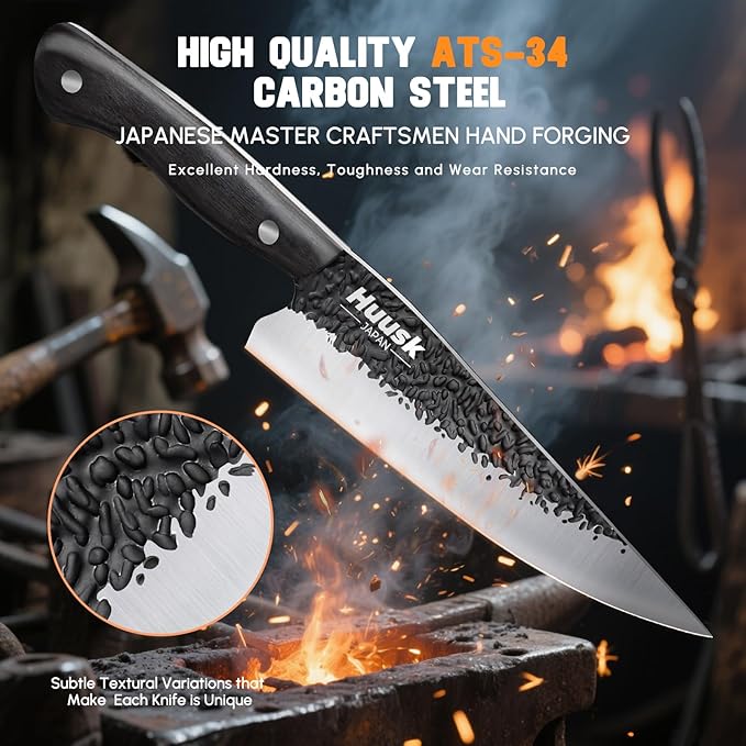 Huusk Chef Knife Japanese Kitchen - Hand Forged Viking Knife for Meat Cutting - Ideal Kitchen Knife Made From a Single Piece of High Carbon Steel - Full Tang Wooden Handle - Birthday Gift for Men