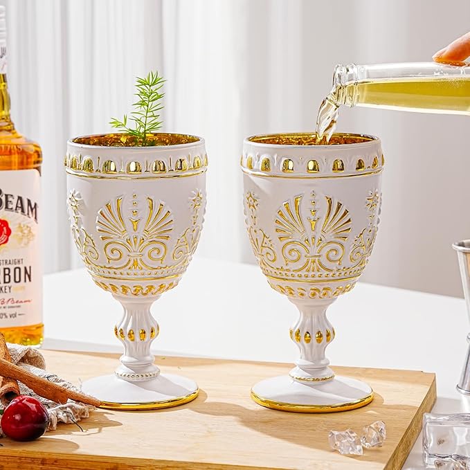Sungmor Vintage White and Gold Wine Goblets - Set of 2 Embossed Glasses, 10 oz Decorative Drinking Glassware for Wine, Water or Cocktails - Baroque Stemware for Entertaining or Gifting